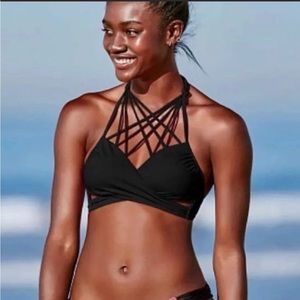 PINK Victoria’s Secret black, cross front bikini top, multi string neck tie sz.L